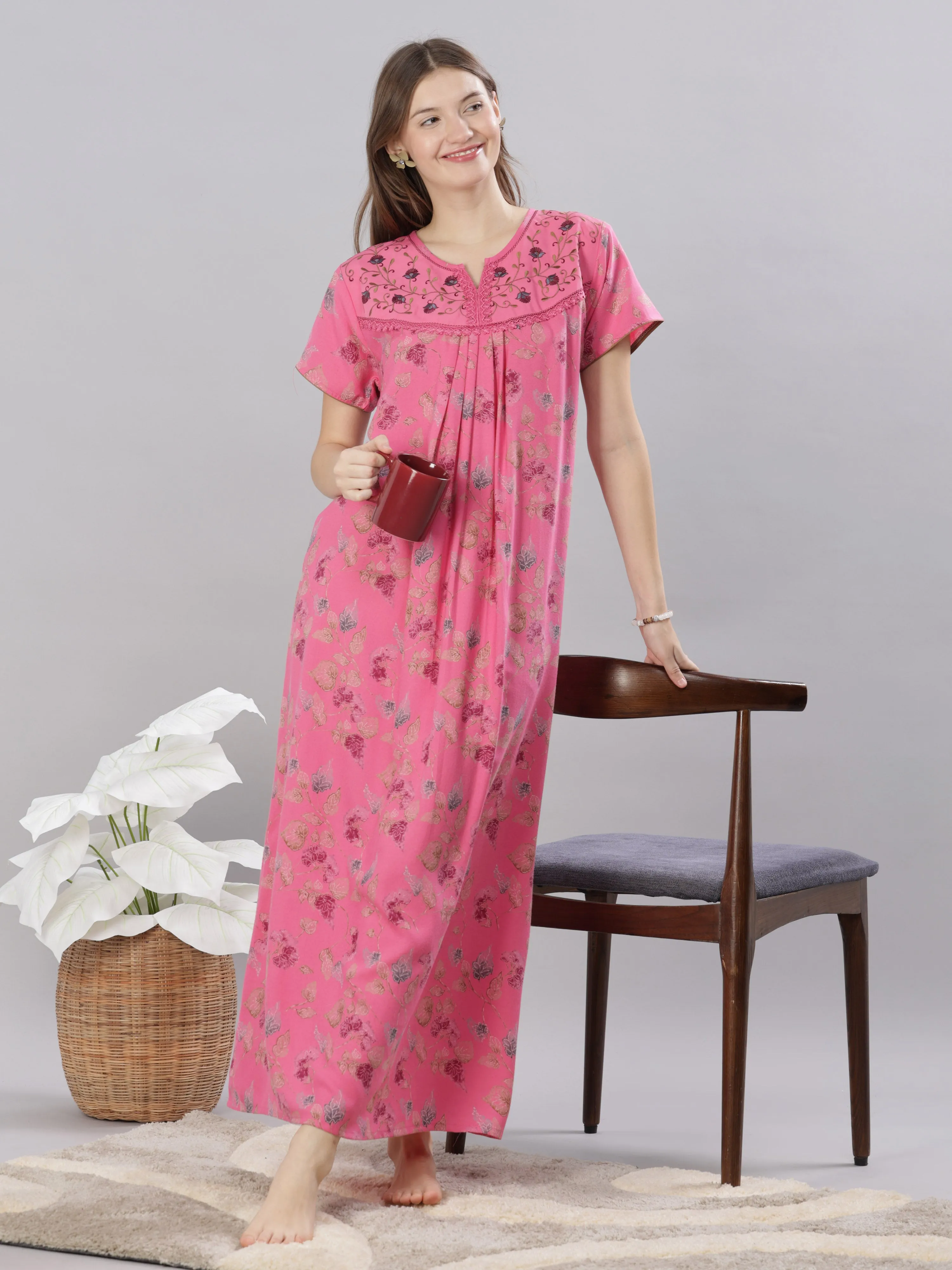 Pink Embroidered Alpine Nighty for Women with Pleats and Pocket