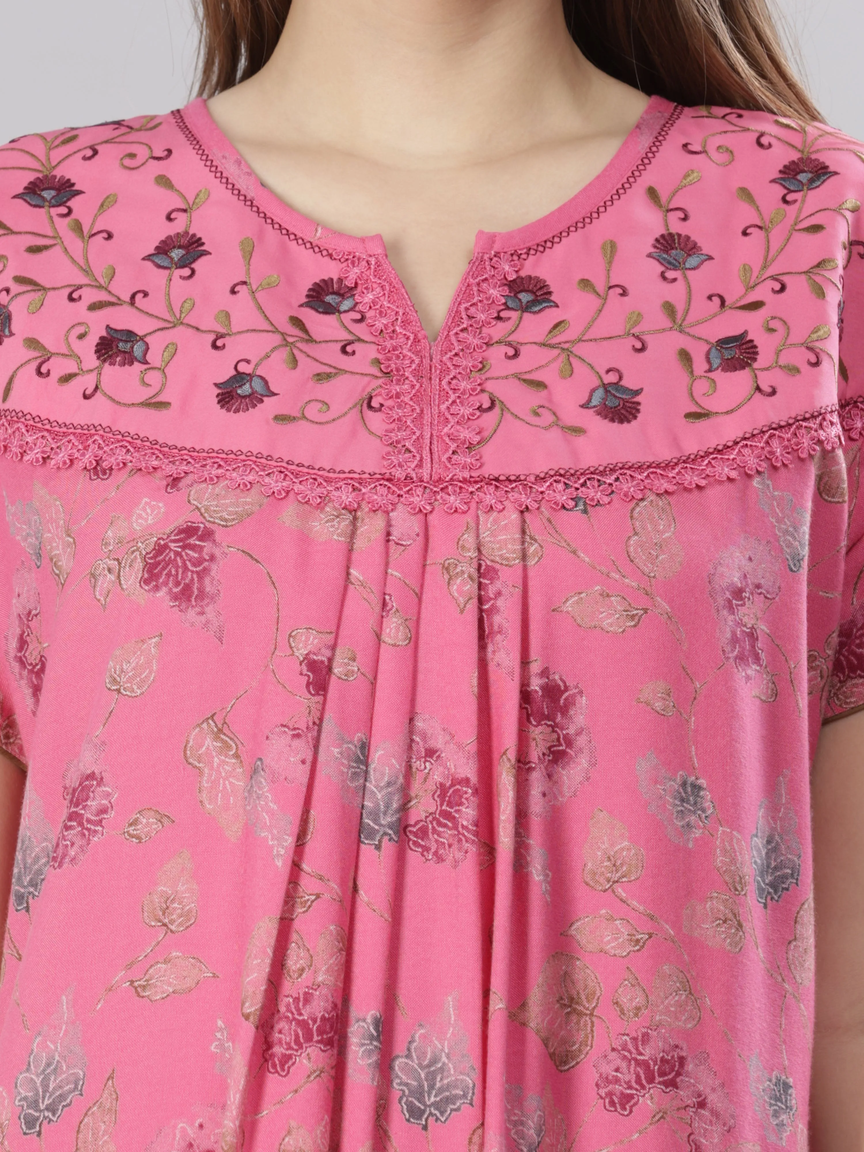 Pink Embroidered Alpine Nighty for Women with Pleats and Pocket