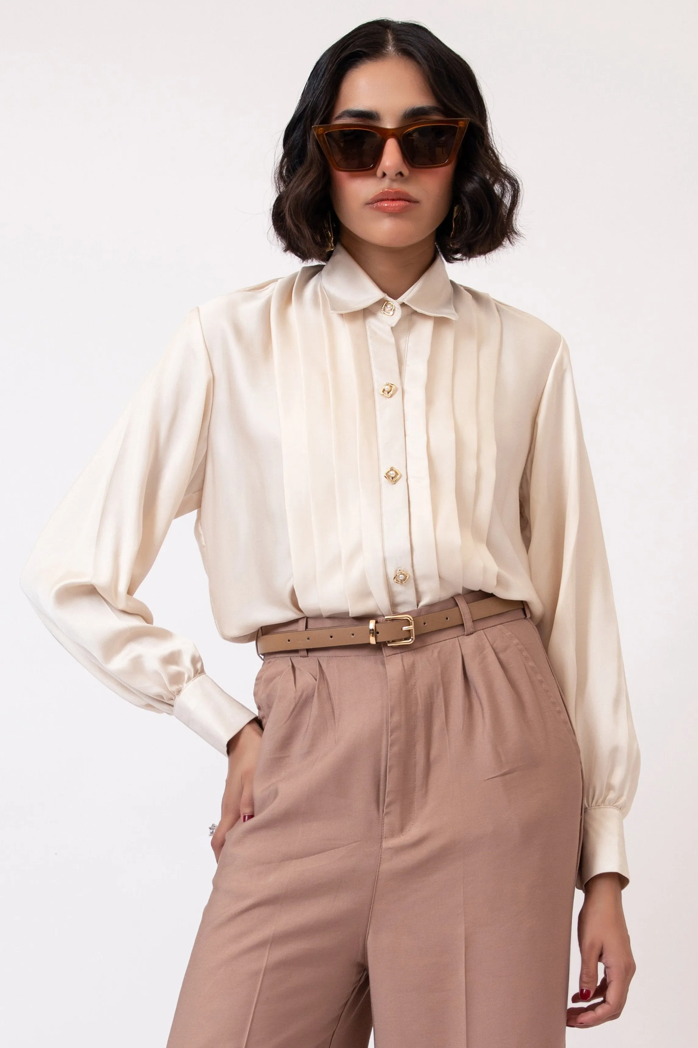 Plissé Button Up  Shirt Off White