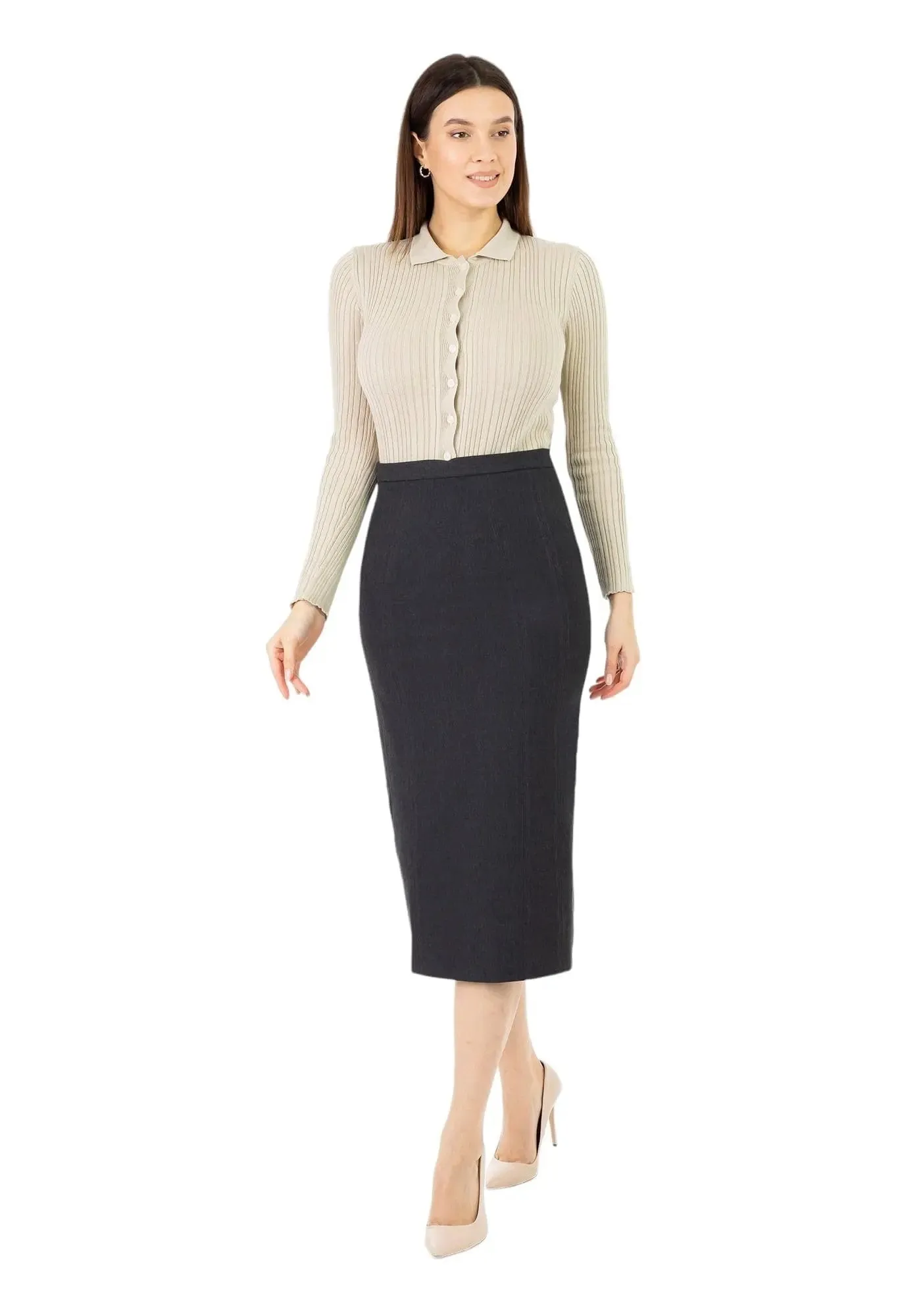 Plus and Regular Size Classic Pencil Midi Skirt with Back Slit