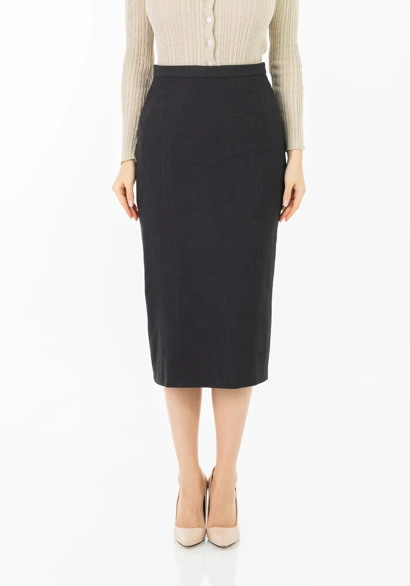 Plus and Regular Size Classic Pencil Midi Skirt with Back Slit