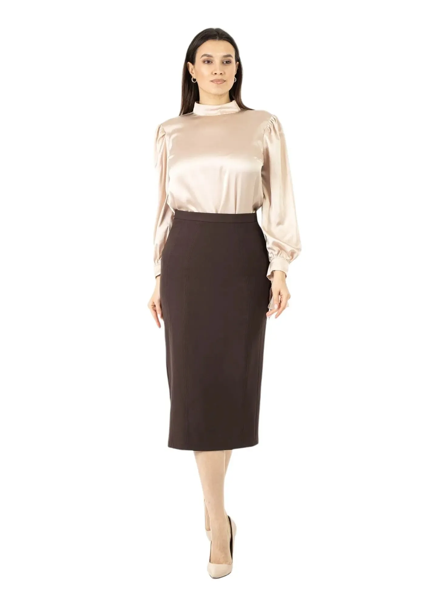 Plus and Regular Size Classic Pencil Midi Skirt with Back Slit