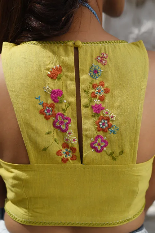 Rangsutra Cheenth Sleeveless Yellow Blouse With Embroidered On Back