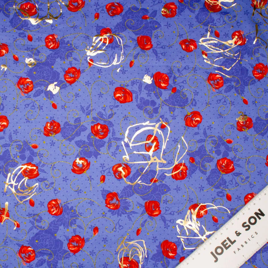 Red Floral Printed Sky Blue Laminated Cotton