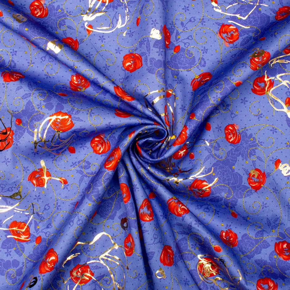 Red Floral Printed Sky Blue Laminated Cotton