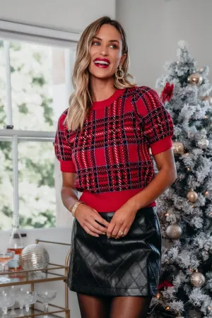 Red Plaid Puff Sleeve Sweater