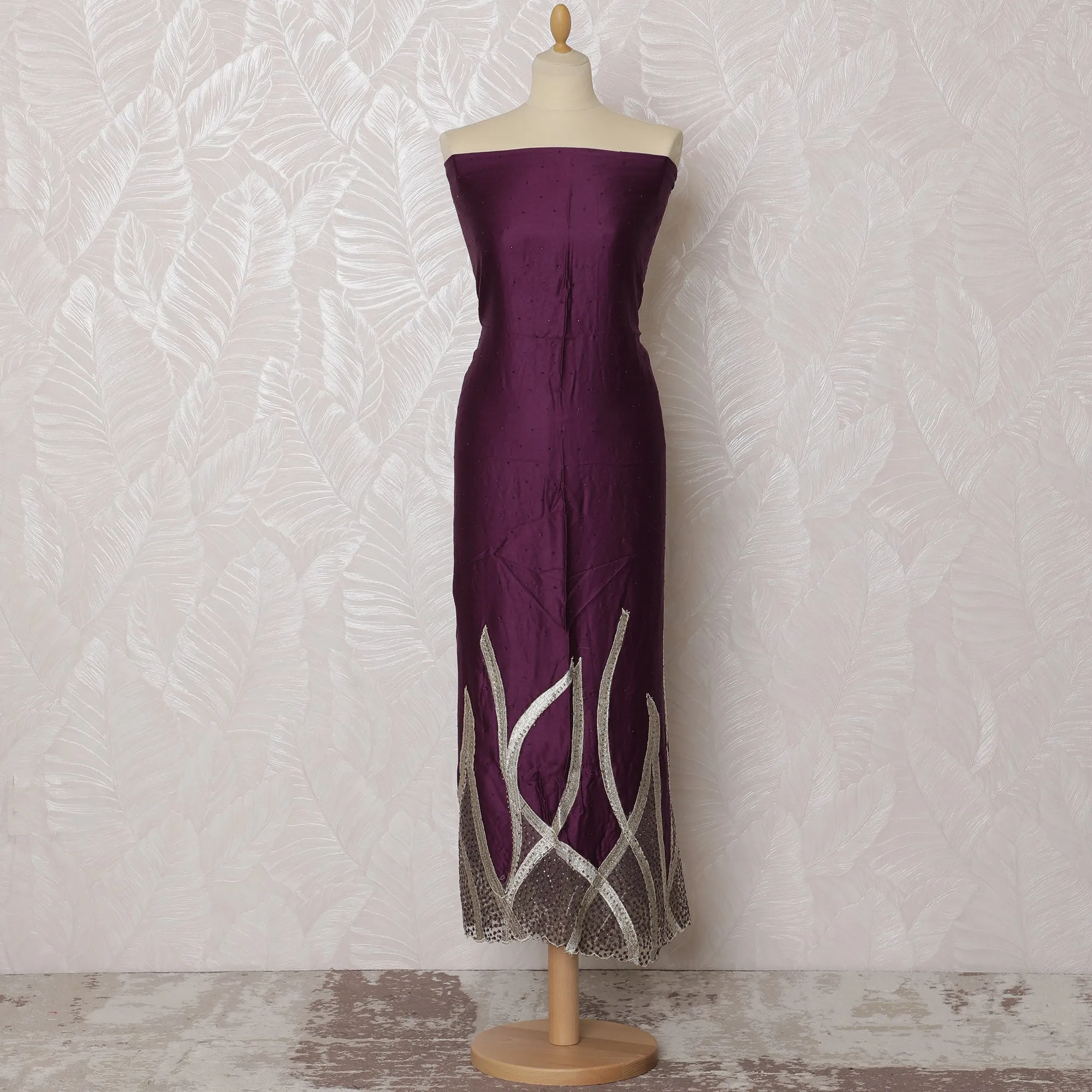 Regal Purple Blended Cotton Fabric with Silver Embroidery - 110 cm Width X 3.0 Mtrs-D19768