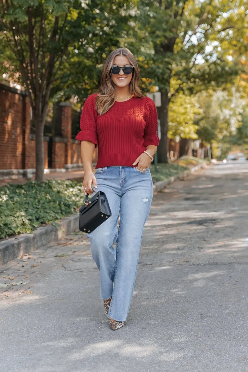 Scarlet Red Puff Sleeve Textured Sweater - FINAL SALE