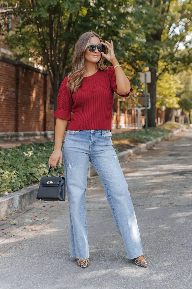 Scarlet Red Puff Sleeve Textured Sweater - FINAL SALE