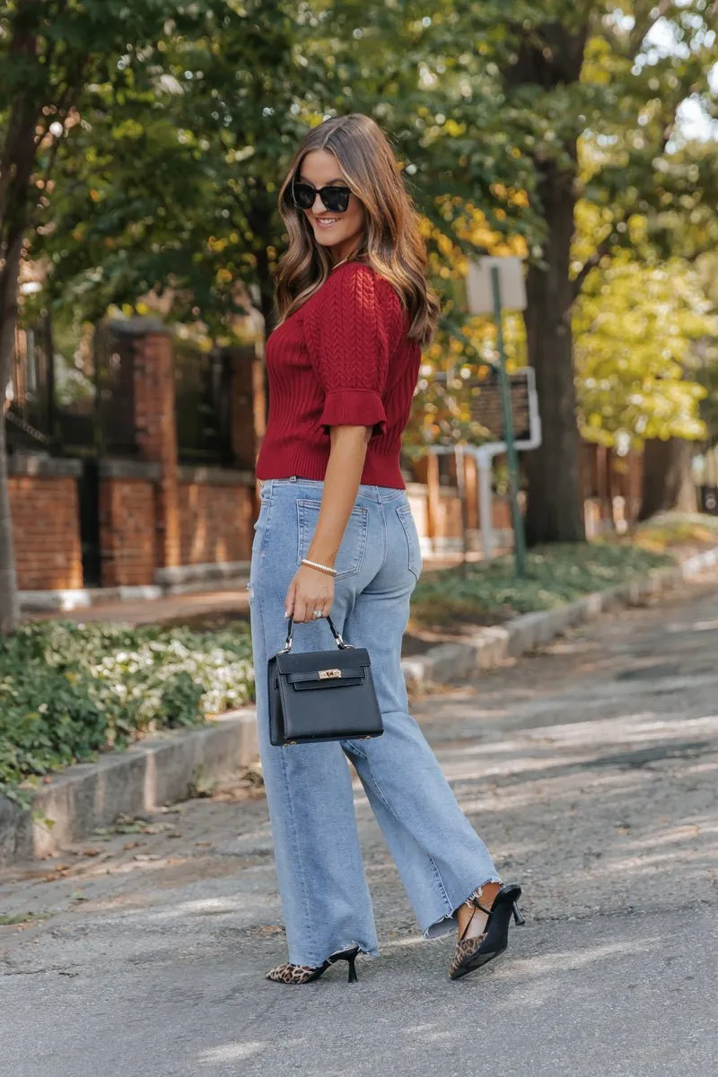 Scarlet Red Puff Sleeve Textured Sweater - FINAL SALE