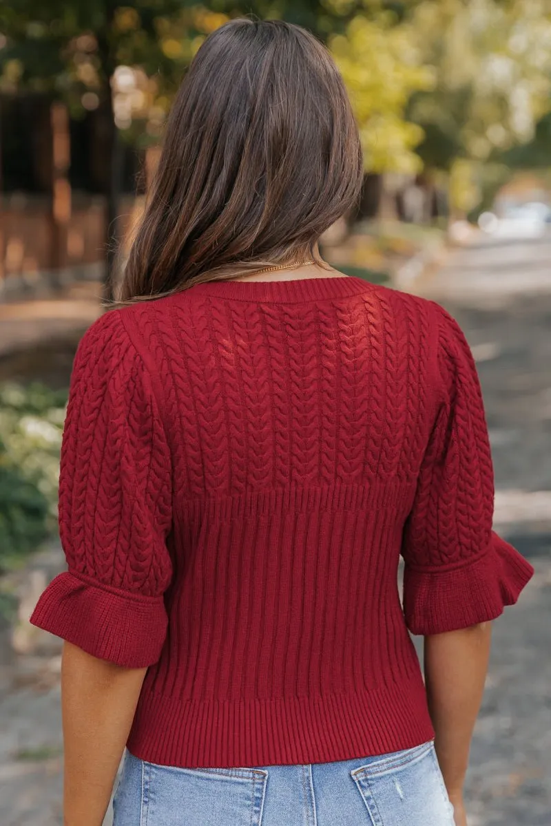 Scarlet Red Puff Sleeve Textured Sweater - FINAL SALE