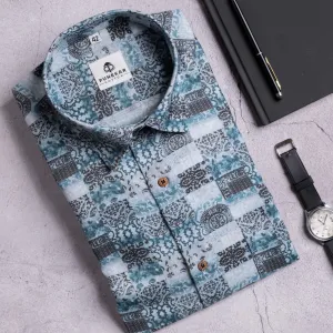 Sea Blue Color Moroccan Printed Shirt For Men