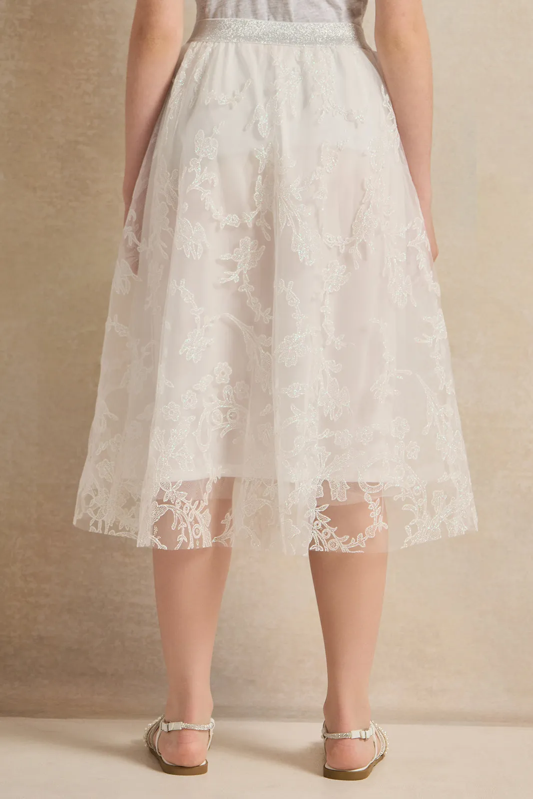 Senior Girls White Mesh Embellished Tulle Skirts