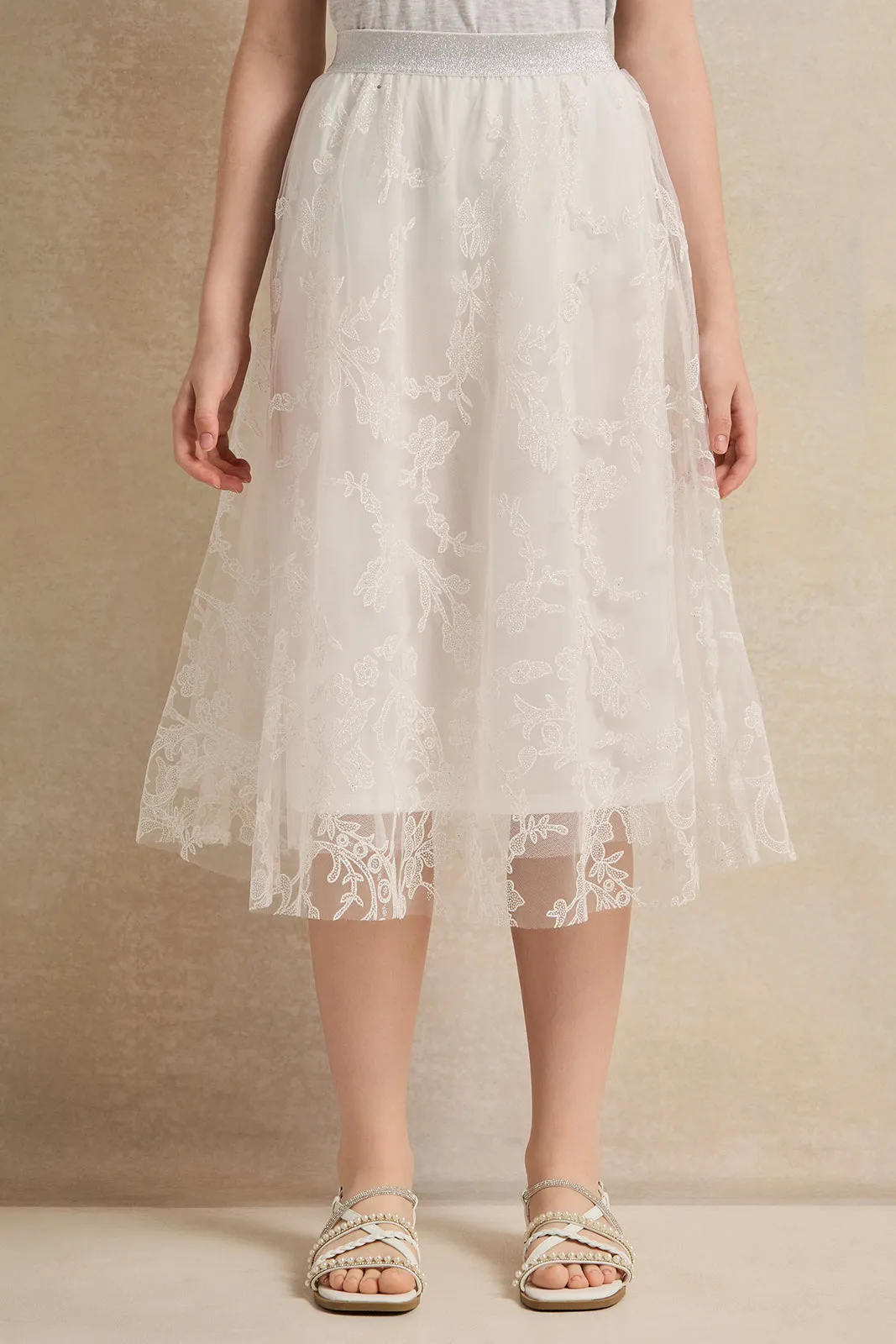 Senior Girls White Mesh Embellished Tulle Skirts