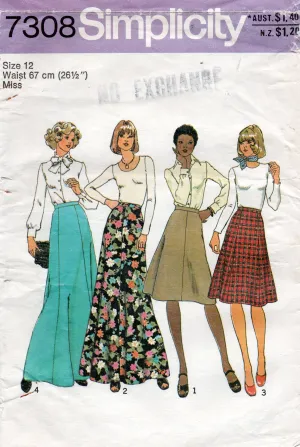 Simplicity 7308 Womens Classic Maxi Midi Flared Skirts 1970s Vintage Sewing Pattern Size 12 or 14