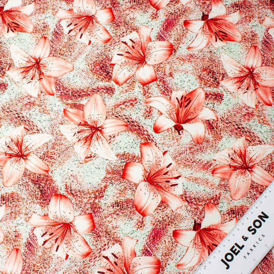 Soft Red Floral Printed Pale Mint Silk Jacquard