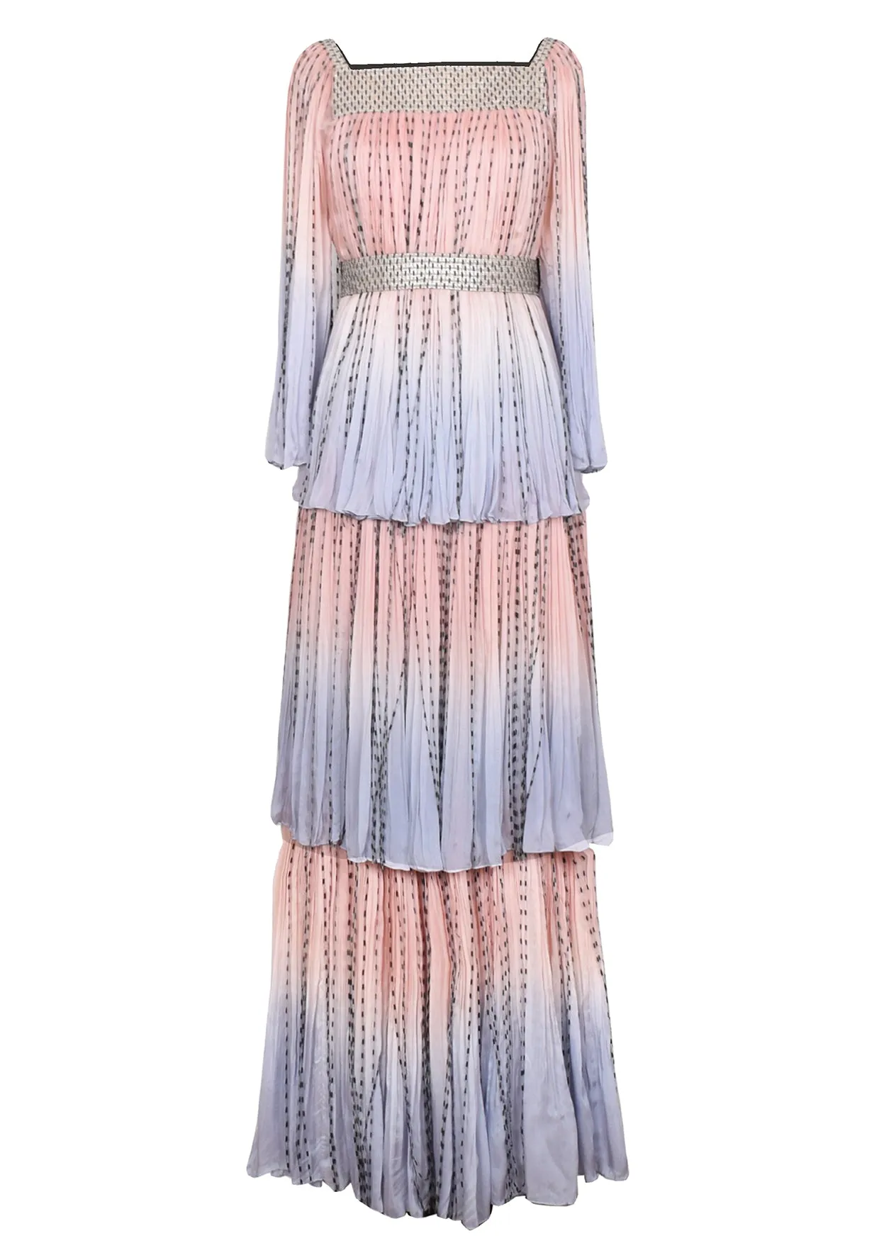 Tiered Belted Chiffon Maxi Dress