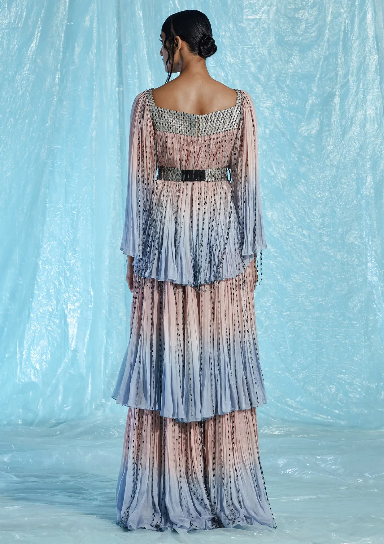 Tiered Belted Chiffon Maxi Dress