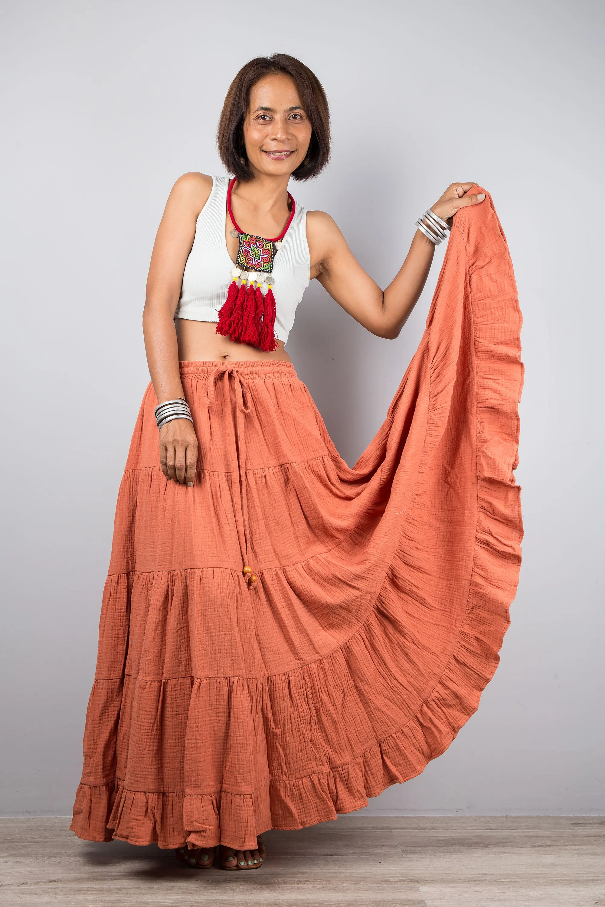 Tiered orange peasant maxi skirt