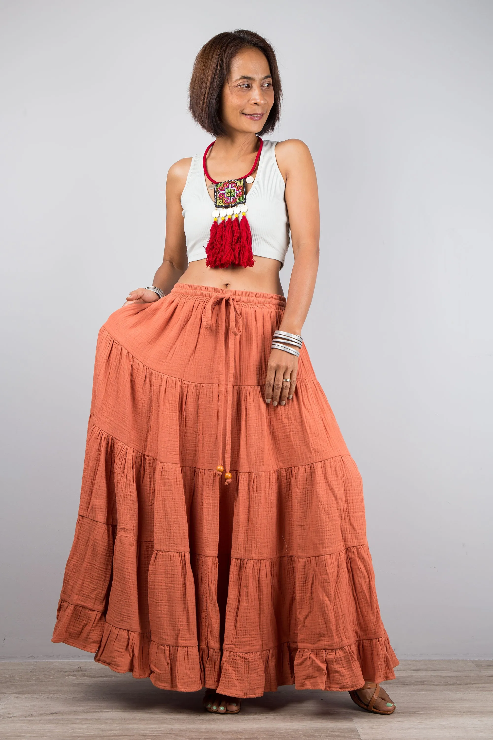 Tiered orange peasant maxi skirt