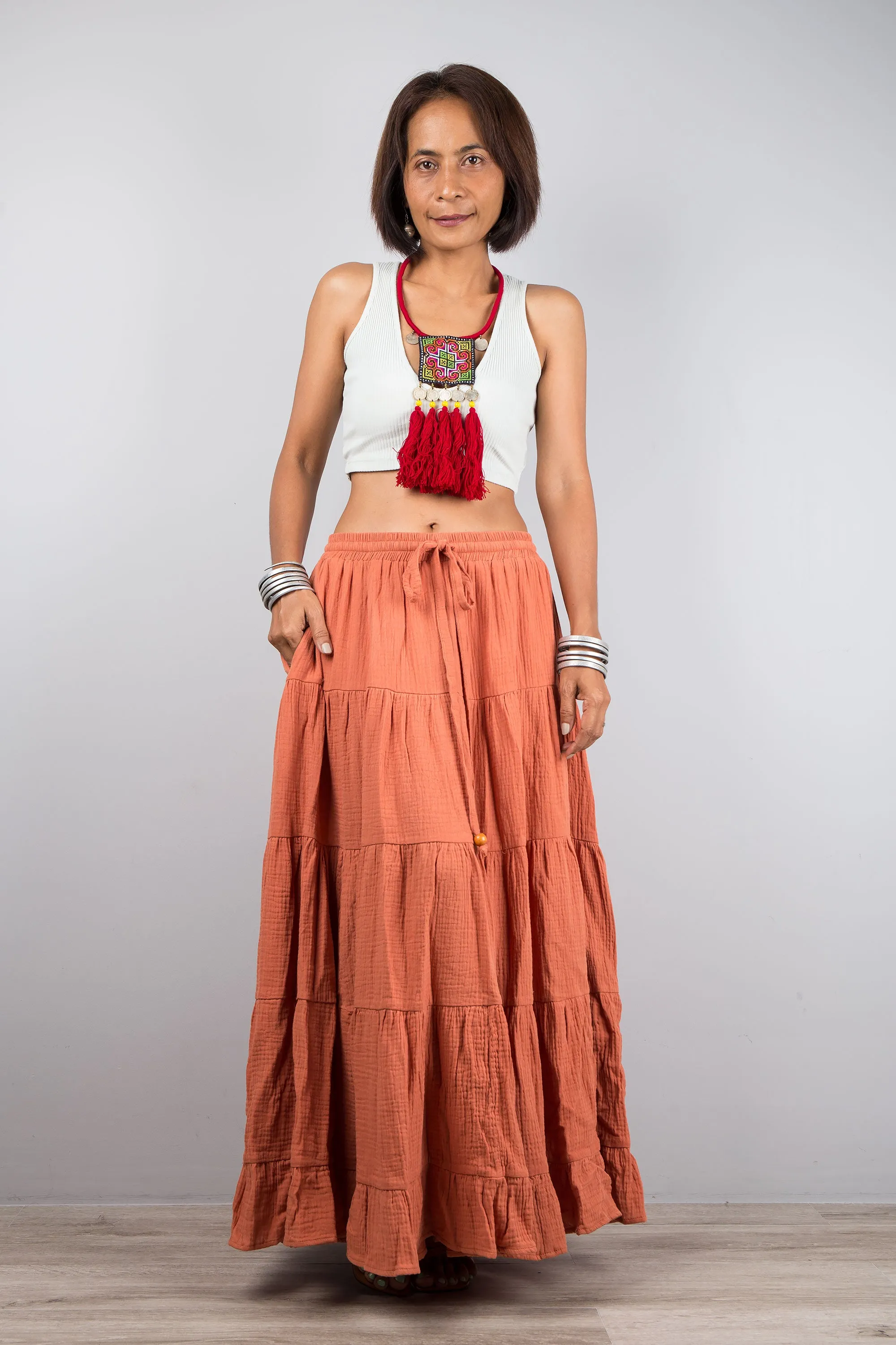 Tiered orange peasant maxi skirt