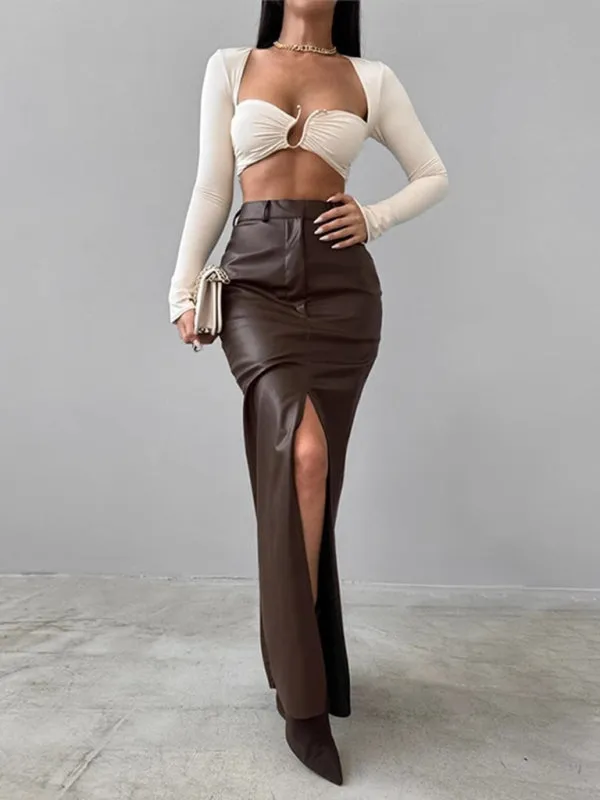 Trendy Faux Leather Maxi Skirt with Side Slit