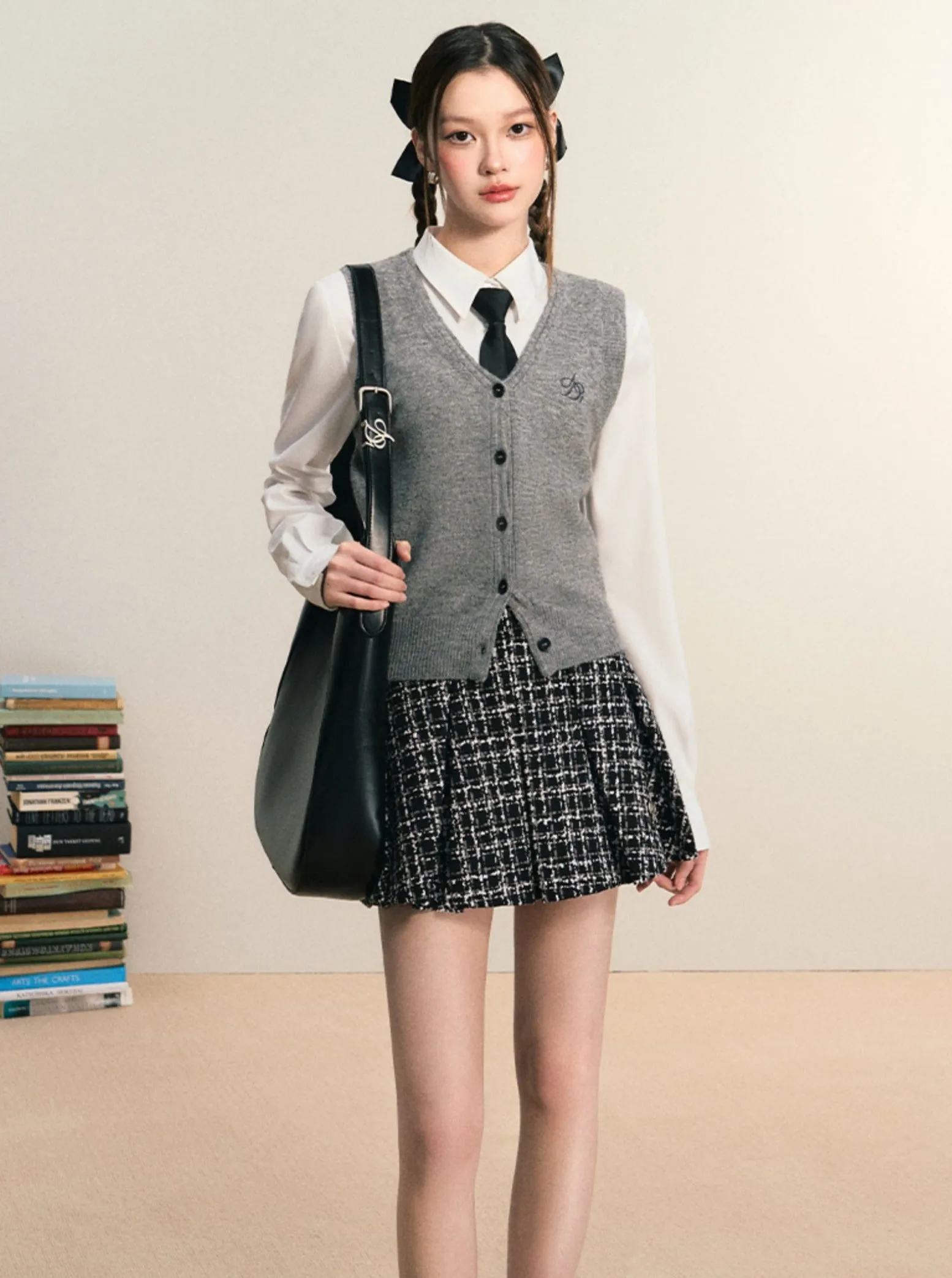 Tweed Flare Mini Skirt: Black and White Plaid A-Line with Textured Boucle Fabric