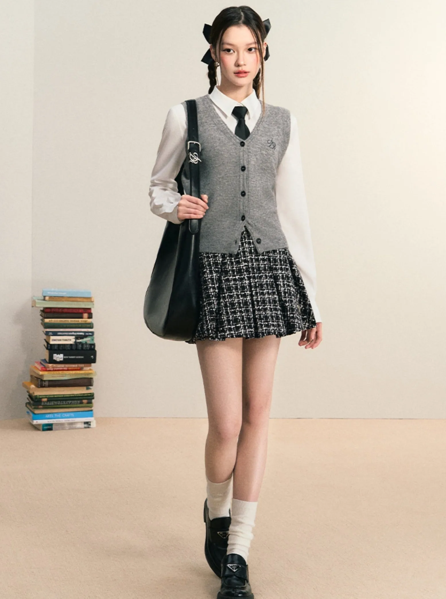 Tweed Flare Mini Skirt: Black and White Plaid A-Line with Textured Boucle Fabric