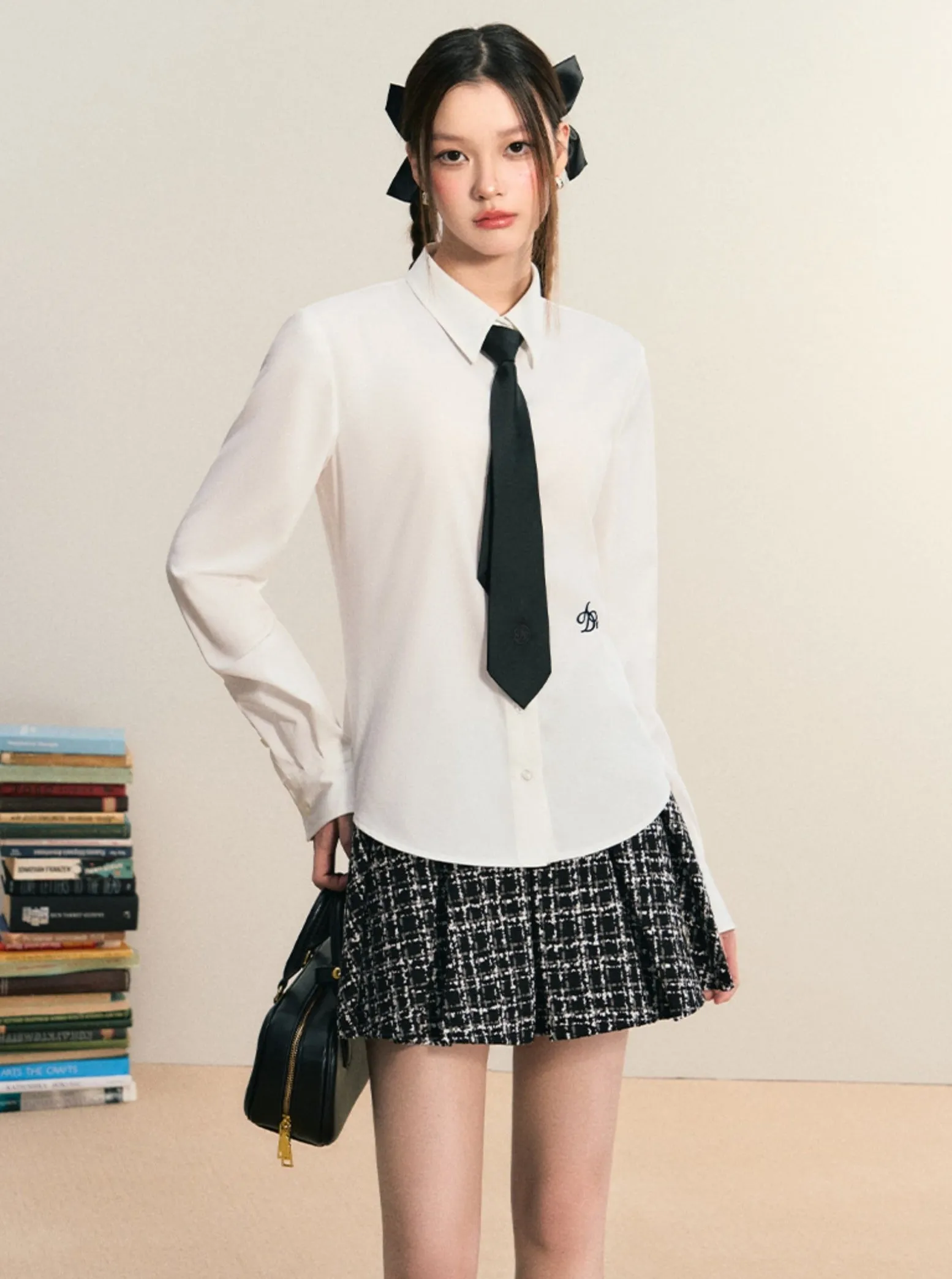 Tweed Flare Mini Skirt: Black and White Plaid A-Line with Textured Boucle Fabric