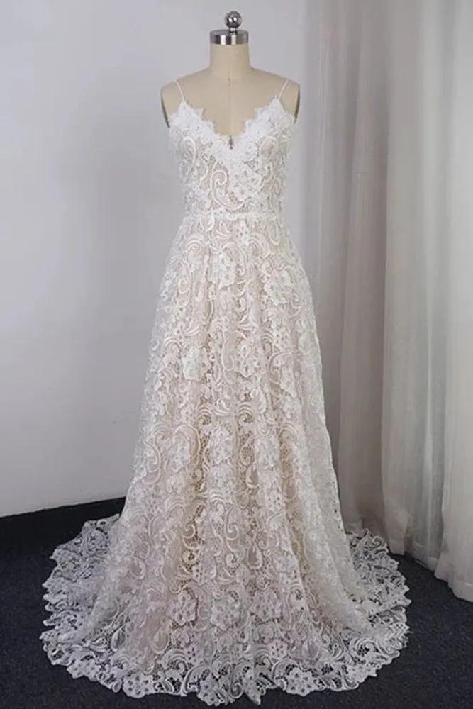 V-neck Exquisite Lace Spaghetti Straps Long Wedding Dresses