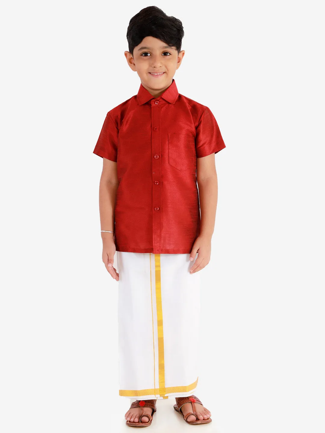 VASTRAMAY Boys' Maroon Silk Short Sleeves Ethnic Shirt Mundu Vesty Style Dhoti Pant Set