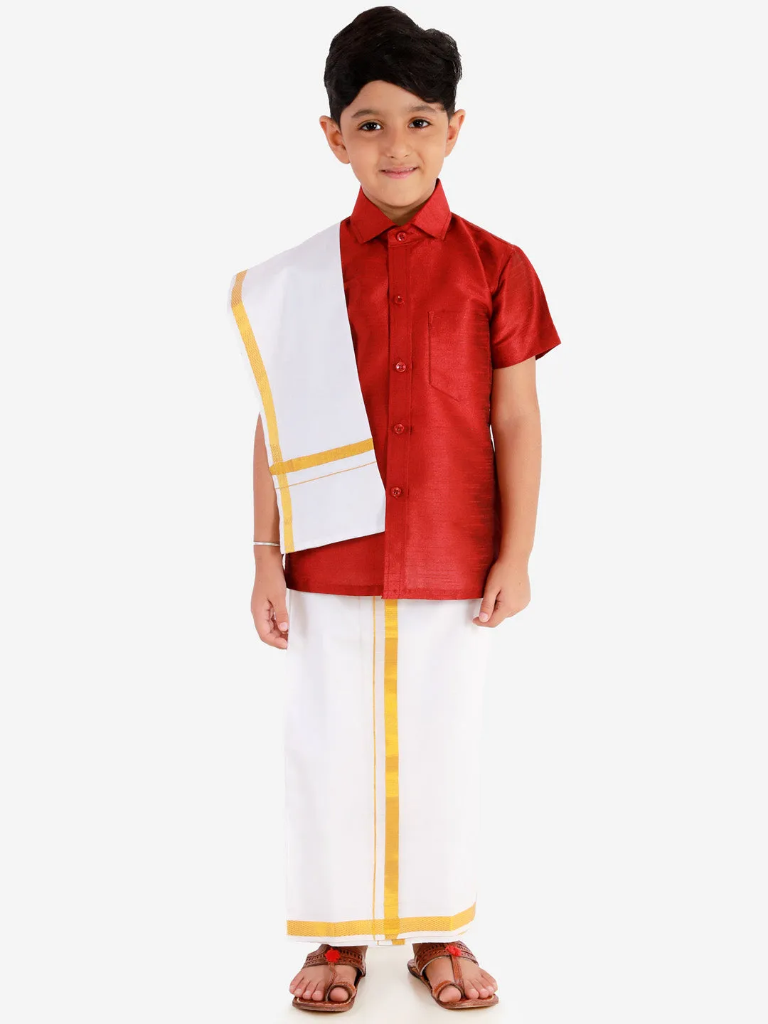 VASTRAMAY Boys' Maroon Silk Short Sleeves Ethnic Shirt Mundu Vesty Style Dhoti Pant Set