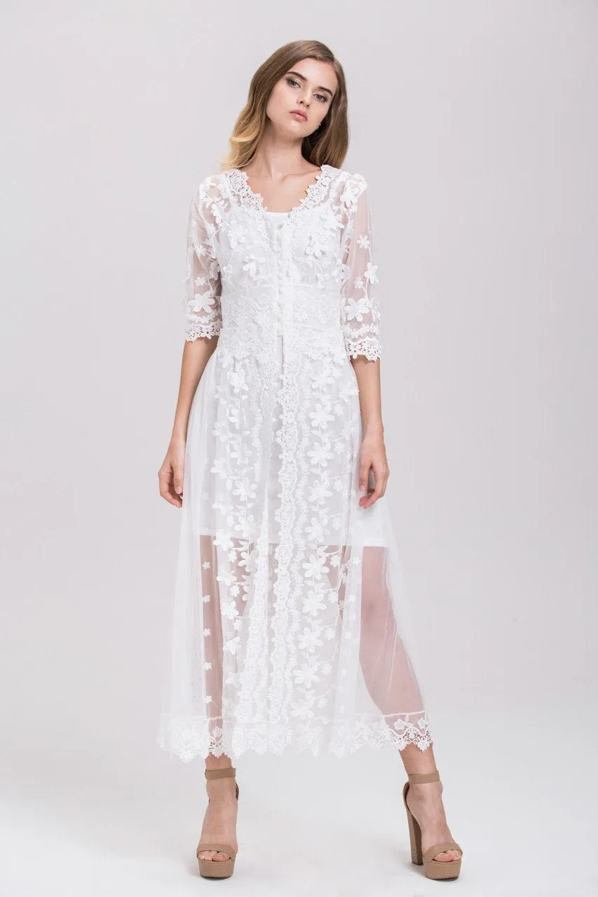 White Soft Tulle Guipure Lace Trim Layered Midi Dress