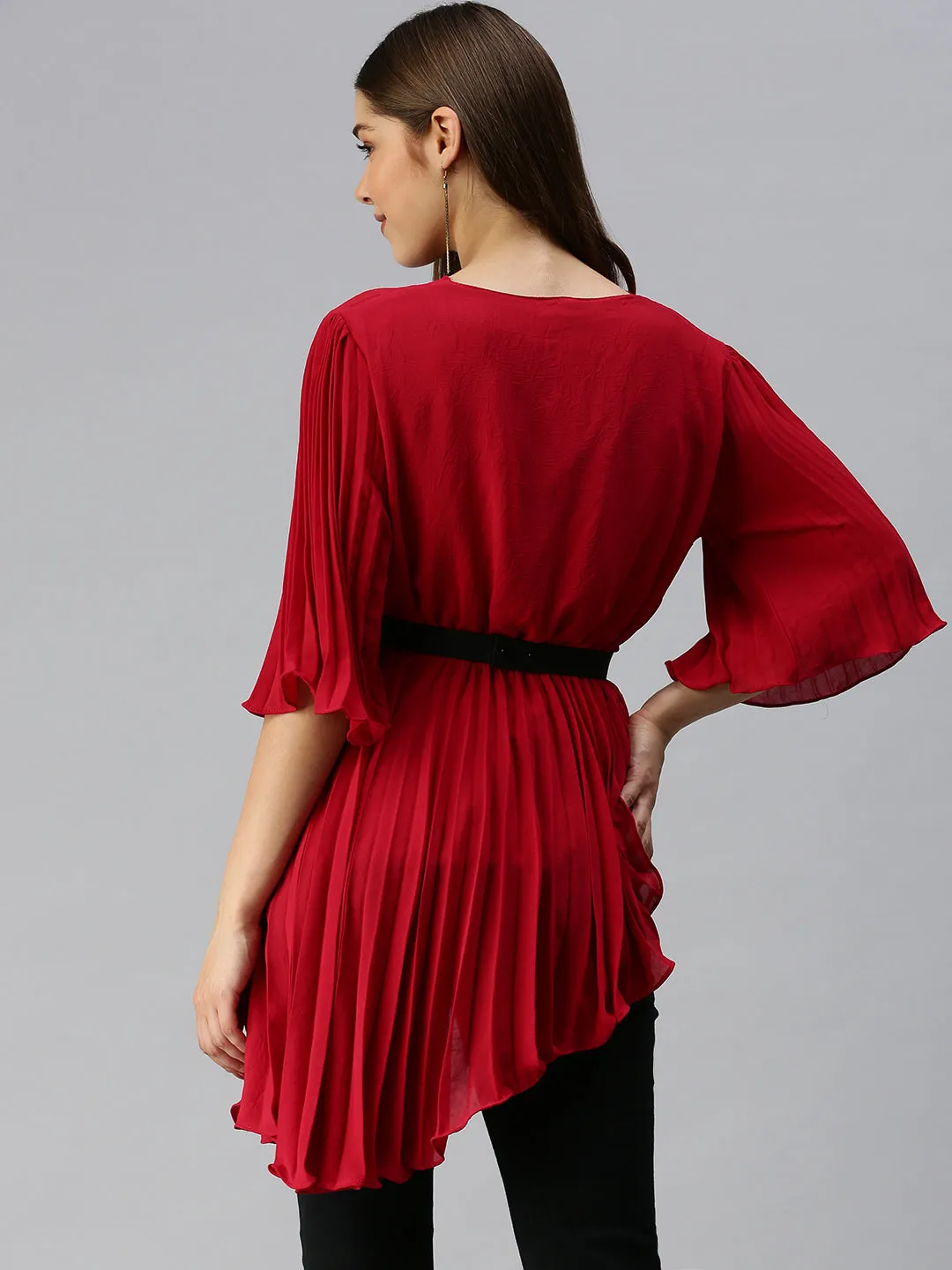 Women V-Neck Solid Red Peplum Top