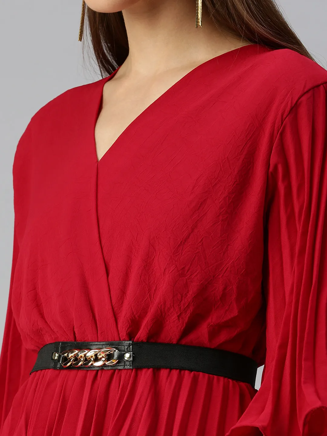 Women V-Neck Solid Red Peplum Top